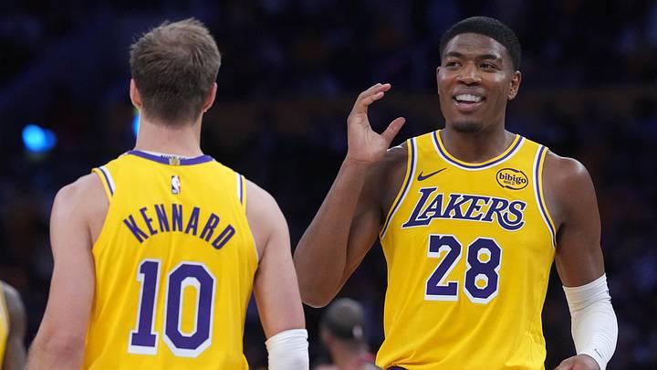 Los Angeles Lakers guard Luke Kennard (10) and forward Rui Hachimura (28)