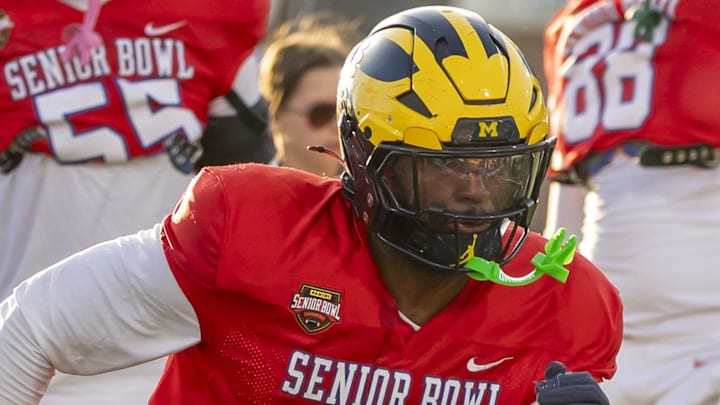 Michigan defensive end Derrick Moore goes through drills at the Senior Bowl.