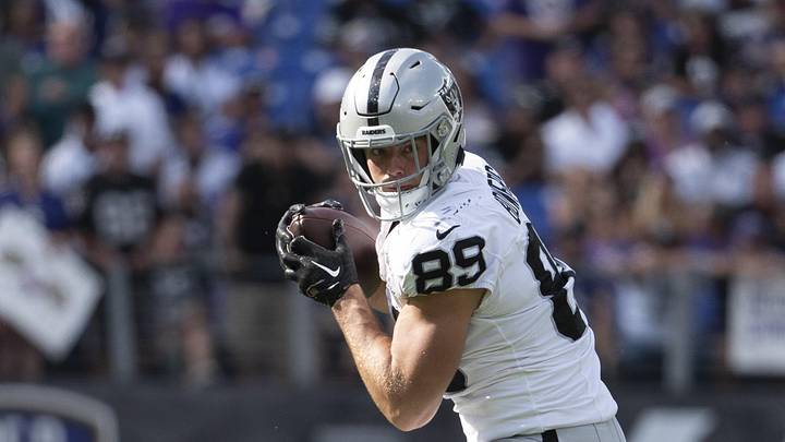Sep 15, 2024; Baltimore, Maryland, USA;  Las Vegas Raiders tight end Brock Bowers (89) runs after as catch during the second half against the Baltimore Ravens at M&T Bank Stadium. Mandatory Credit: Tommy Gilligan-Imagn Images
