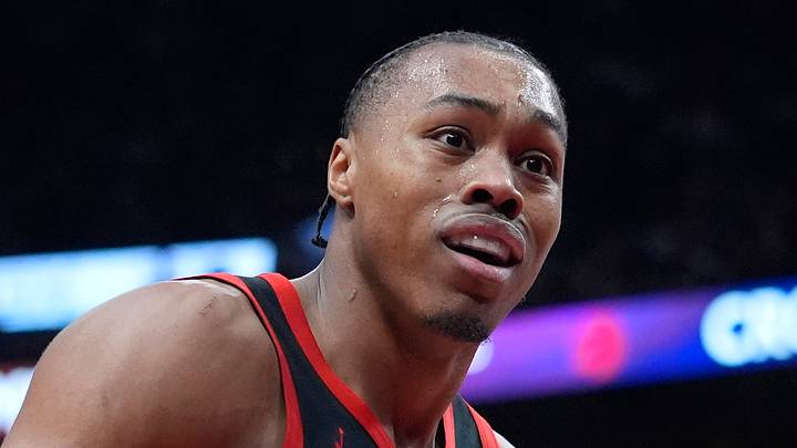 Toronto Raptors guard Scottie Barnes reacts after a play against the Cleveland Cavaliers. Toronto Raptors guard Scottie Barnes reacts after a play against the Cleveland Cavaliers.