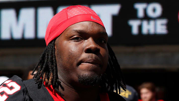 Georgia defensive lineman Christen Miller arrives with the team before the start of the G-Day spring football game. Georgia defensive lineman Christen Miller arrives with the team before the start of the G-Day spring football game.