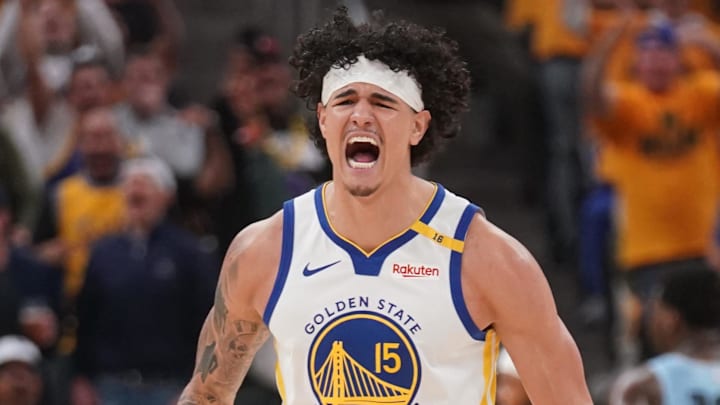 Apr 15, 2025; San Francisco, California, USA; Golden State Warriors forward Gui Santos (15) reacts after the Warriors made a basket against the Memphis Grizzlies in the second quarter at the Chase Center. Mandatory Credit: Cary Edmondson-Imagn Images