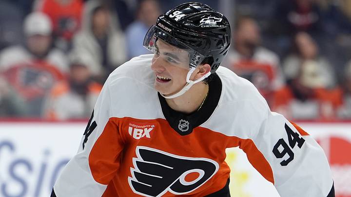 Sep 24, 2026; Philadelphia, Pennsylvania, USA; Philadelphia Flyers right wing Porter Martone (94) reacts against the Boston Bruins in the second period at Xfinity Mobile Arena. Mandatory Credit: Kyle Ross-Imagn Images