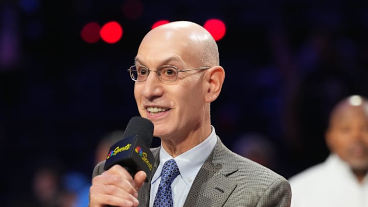 Feb 15, 2026; Inglewood, California, USA; NBA commissioner Adam Silver speaks to media after the 75th NBA All Star Game at Intuit Dome. Mandatory Credit: Kirby Lee-Imagn Images