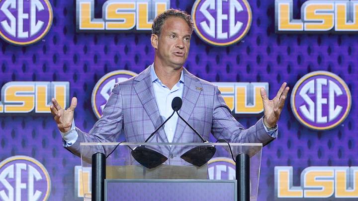 LSU Tigers head coach Lane Kiffin speaks to the press during SEC Football Kickoff Media Day at the Tampa Marriott.