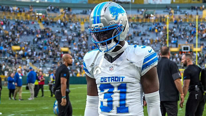 Detroit Lions safety Kerby Joseph walks off the field after the 27-13 loss to the Green Bay Packers at Lambeau Field in Green Bay, Wis., on Sunday, Sept. 7, 2025. Detroit Lions safety Kerby Joseph walks off the field after the 27-13 loss to the Green Bay Packers at Lambeau Field in Green Bay, Wis., on Sunday, Sept. 7, 2025.