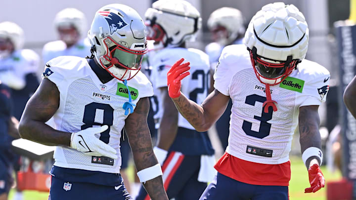 Jul 28, 2025; Foxborough, MA, USA; New England Patriots wide receiver Stefon Diggs (8) and wide receiver DeMario Douglas (3) work on their dance moves before the start of training camp at Gillette Stadium. Mandatory Credit: Eric Canha-Imagn Images
