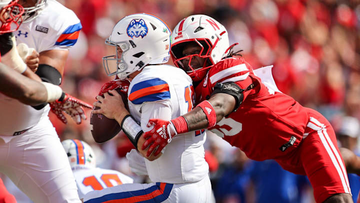 Nebraska linebacker Marques Watson-Trent sacks Houston Christian quarterback Jake Weir.