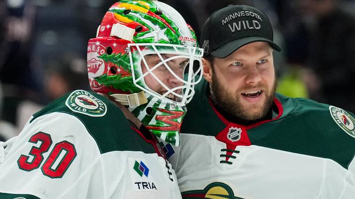 Dec 18, 2025; Columbus, Ohio, USA; Minnesota Wild goaltender Jesper Wallstedt (30) celebrates with goaltender Filip Gustavsson (32) after defeating the Columbus Blue Jackets at Nationwide Arena. Mandatory Credit: Aaron Doster-Imagn Images Dec 18, 2025; Columbus, Ohio, USA; Minnesota Wild goaltender Jesper Wallstedt (30) celebrates with goaltender Filip Gustavsson (32) after defeating the Columbus Blue Jackets at Nationwide Arena. Mandatory Credit: Aaron Doster-Imagn Images