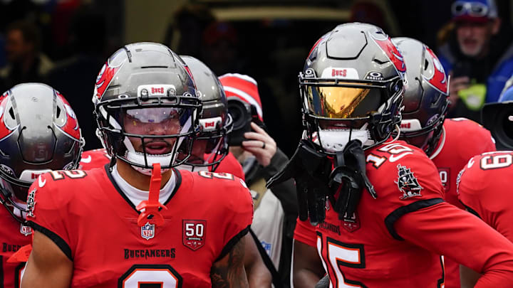 Tampa Bay Buccaneers wide receiver Emeka Egbuka (2) warms up prior to the game against the Buffalo Bills.