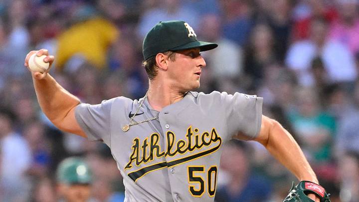 Aug 7, 2026; Boston, Massachusetts, USA; Athletics starting pitcher Jack Perkins (50) pitches against the Boston Red Sox during the second inning at Fenway Park. Mandatory Credit: Eric Canha-Imagn Images Aug 7, 2026; Boston, Massachusetts, USA; Athletics starting pitcher Jack Perkins (50) pitches against the Boston Red Sox during the second inning at Fenway Park. Mandatory Credit: Eric Canha-Imagn Images