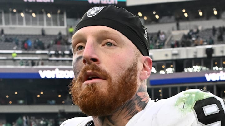 Dec 14, 2025; Philadelphia, Pennsylvania, USA; Las Vegas Raiders defensive end Maxx Crosby (98) on the field after loss to the Philadelphia Eagles at Lincoln Financial Field. Mandatory Credit: Eric Hartline-Imagn Images