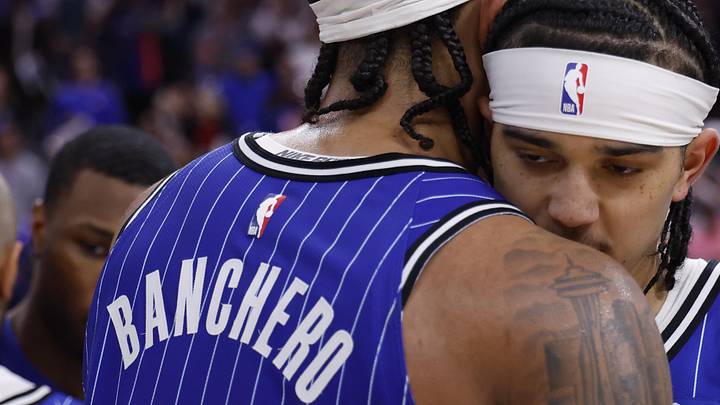 May 3, 2026; Detroit, Michigan, USA; Orlando Magic forward Paolo Banchero (5) hugs guard Anthony Black (0) after the game against the Detroit Pistons during game seven of the first round of the 2026 NBA Playoffs at Little Caesars Arena. Mandatory Credit: Rick Osentoski-Imagn Images