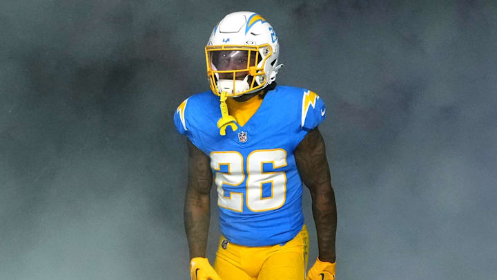 Dec 23, 2023; Inglewood, California, USA; Los Angeles Chargers cornerback Asante Samuel Jr. (26)  enters the field before the game against the Buffalo Bills at SoFi Stadium. Mandatory Credit: Kirby Lee-Imagn Images