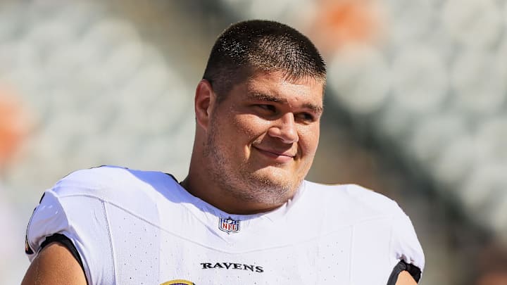Oct 6, 2024; Cincinnati, Ohio, USA; Baltimore Ravens center Tyler Linderbaum (64) during warmups before the game against the Cincinnati Bengals at Paycor Stadium. Mandatory Credit: Katie Stratman-Imagn Images