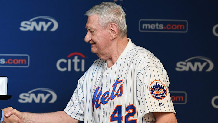 New York City Mayor Bill de Blasio presents Ron Taylor of the 1969 Mets championship team with a key to the city as part of the Mets' 1969 50th Anniversary Celebration before the start of a game against the Braves at Citi Field on Saturday, June 29, 2019.
Mets 1969 50th Anniversary Ceremony New York City Mayor Bill de Blasio presents Ron Taylor of the 1969 Mets championship team with a key to the city as part of the Mets' 1969 50th Anniversary Celebration before the start of a game against the Braves at Citi Field on Saturday, June 29, 2019.
Mets 1969 50th Anniversary Ceremony