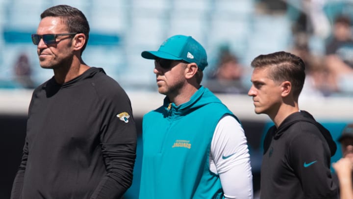 Oct 12, 2025; Jacksonville, Florida, USA; Jacksonville Jaguars head coach Liam Coen looks on during warm ups before the game against the Seattle Seahawks at EverBank Stadium. Mandatory Credit: Travis Register-Imagn Images