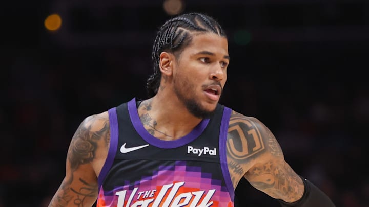 Jan 23, 2026; Atlanta, Georgia, USA; Phoenix Suns guard Jalen Green (4) dribbles against the Atlanta Hawks in the first quarter at State Farm Arena. Mandatory Credit: Brett Davis-Imagn Images
