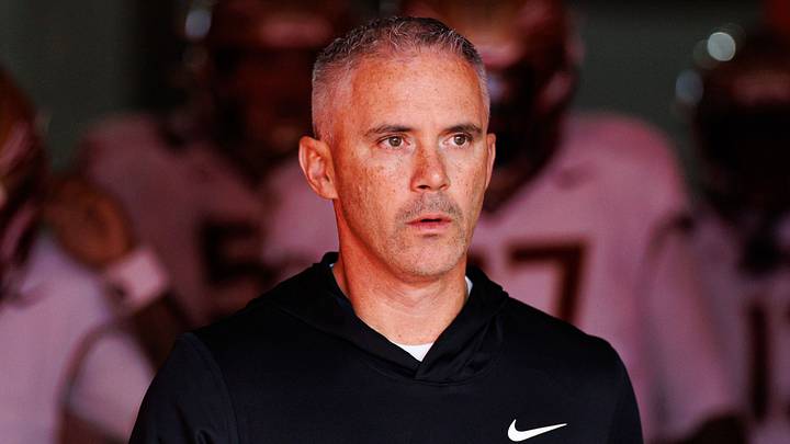 Nov 29, 2025; Gainesville, Florida, USA; Florida State Seminoles head coach Mike Norvell walks out of the tunnel before a game against the Florida Gators at Ben Hill Griffin Stadium. Mandatory Credit: Matt Pendleton-Imagn Images