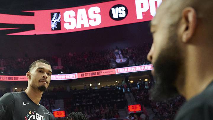 Apr 26, 2026; Portland, Oregon, USA; San Antonio Spurs forward Victor Wembanyama (1) is introduced before a game against the Portland Trail Blazers during game four of the first round of the 2026 NBA Playoffs at Moda Center. Mandatory Credit: Troy Wayrynen-Imagn Images