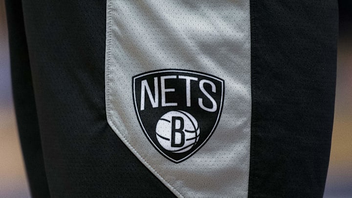Nov 21, 2018; Dallas, TX, USA; A view of the team logo on the Brooklyn Nets' shorts. Mandatory Credit: Jerome Miron-Imagn Images