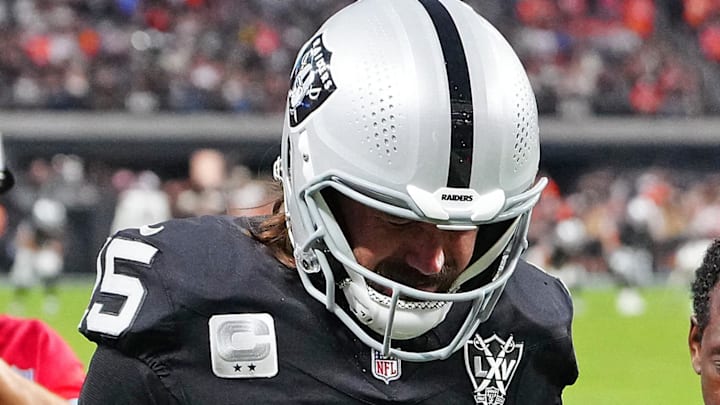 Nov 24, 2024; Paradise, Nevada, USA; Las Vegas Raiders quarterback Gardner Minshew (15) heads for the locker room after sustaining an apparent injury during a play against the Denver Broncos during the fourth quarter at Allegiant Stadium. Mandatory Credit: Stephen R. Sylvanie-Imagn Images
