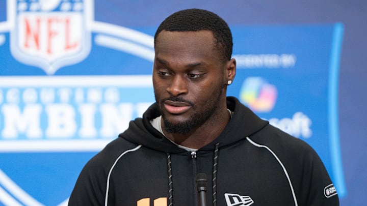 Feb 27, 2026; Indianapolis, IN, USA; Notre Dame running back Jeremiyah Love (RB11) speaks to members of the media during the NFL Combine at the Indiana Convention Center. Mandatory Credit: Jacob Musselman-Imagn Images Feb 27, 2026; Indianapolis, IN, USA; Notre Dame running back Jeremiyah Love (RB11) speaks to members of the media during the NFL Combine at the Indiana Convention Center. Mandatory Credit: Jacob Musselman-Imagn Images