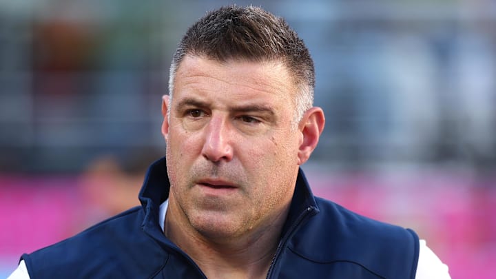 Feb 8, 2026; Santa Clara, CA, USA; New England Patriots head coach Mike Vrabel walks on field before Super Bowl LX against the Seattle Seahawks at Levi's Stadium. Mandatory Credit: Mark J. Rebilas-Imagn Images