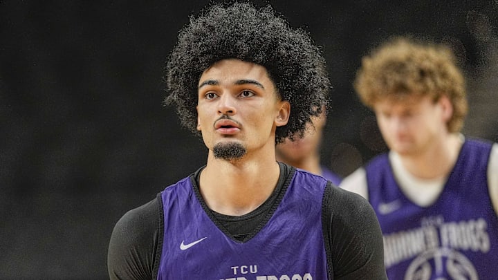 Mar 18, 2026; Greenville, SC, USA; Texas Christian University Horned Frogs forward David Punch (15) runs a drill during a practice session ahead of the first round of the men's 2026 NCAA Tournament at Bon Secours Wellness Arena. Mandatory Credit: Jim Dedmon-Imagn Images