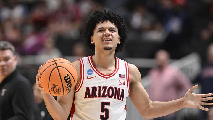 Mar 26, 2026; San Jose, CA, USA; Arizona Wildcats guard Brayden Burries (5) reacts after a play against the Arkansas Razorbacks in the first half during a Sweet Sixteen game of the West Regional of the men's 2026 NCAA Tournament at SAP Center. Mandatory Credit: Eakin Howard-Imagn Images