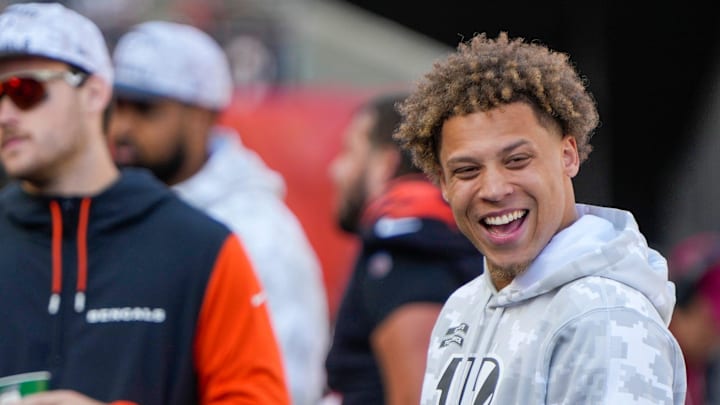 Cincinnati Bengals wide receiver Tee Higgins (5) talks with wide receiver Jermaine Burton (81) as the Bengals take on the Las Vegas Raiders at Paycor Stadium Sunday, November 3, 2024.