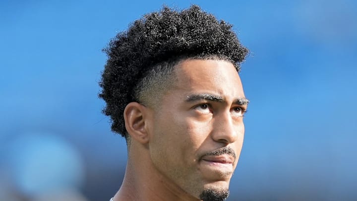 Carolina Panthers quarterback Bryce Young during pregame warmups against the Pittsburgh Steelers.