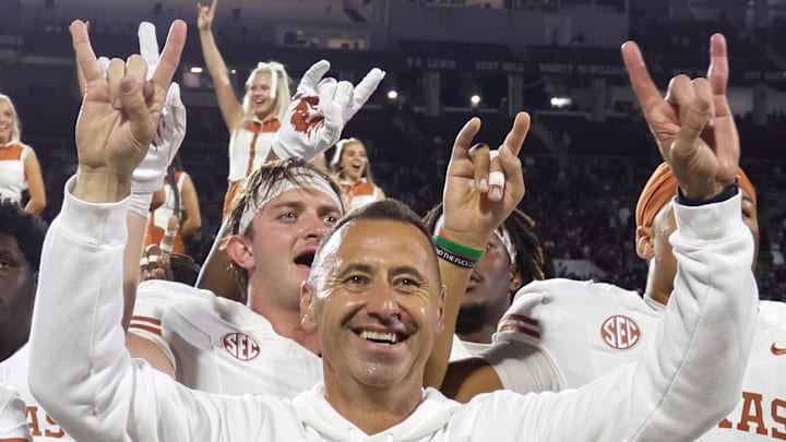 Oct 25, 2025; Starkville, Mississippi, USA; Texas Longhorns head coach Steve Sarkisian reacts after beating the Mississippi State Bulldogs in overtime at Davis Wade Stadium at Scott Field. Mandatory Credit: Petre Thomas-Imagn Images