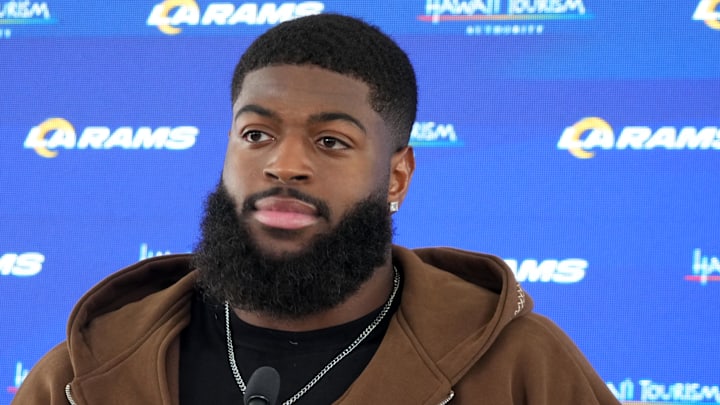 Jun 3, 2025; Woodland Hills, CA, USA; Los Angeles Rams linebacker Jared Verse at a press conference during organized team activities at Rams Practice Facility. Mandatory Credit: Kirby Lee-Imagn Images