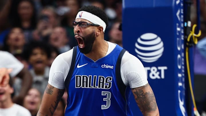 Oct 24, 2025; Dallas, Texas, USA; Dallas Mavericks forward Anthony Davis (3) reacts after a dunk during the second half against the Washington Wizards at American Airlines Center. Mandatory Credit: Kevin Jairaj-Imagn Images