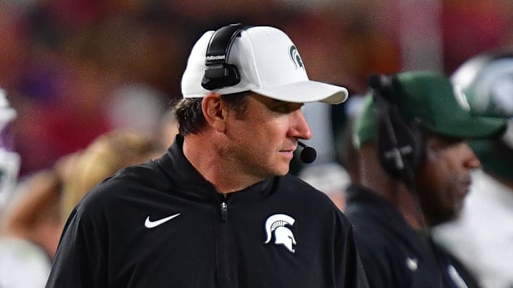 Sep 20, 2025; Los Angeles, California, USA; Michigan State Spartans head coach Jonathan Smith watches game action against the Southern California Trojans during the second half at the Los Angeles Memorial Coliseum. Mandatory Credit: Gary A. Vasquez-Imagn Images