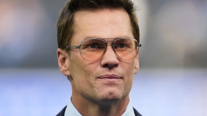 Dec 14, 2025; Inglewood, California, USA; Fox broadcaster Tom Brady is seen prior to the game between the Detroit Lions and the Los Angeles Rams at SoFi Stadium. Mandatory Credit: Kirby Lee-Imagn Images