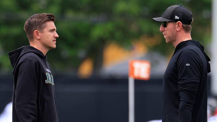Jacksonville Jaguars general manager James Gladstone, left, and head coach Liam Coen talk during rookie minicamp at the Miller Electric Center, Saturday, May 9, 2026 in Jacksonville, Fla. Today was the second of a three day camp concluding Sunday.