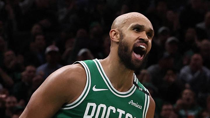 Oct 23, 2026; Boston, Massachusetts, USA; Boston Celtics guard Derrick White (9) celebrates a basket during the second half against the New York Knicks at TD Garden. Mandatory Credit: Winslow Townson-Imagn Images