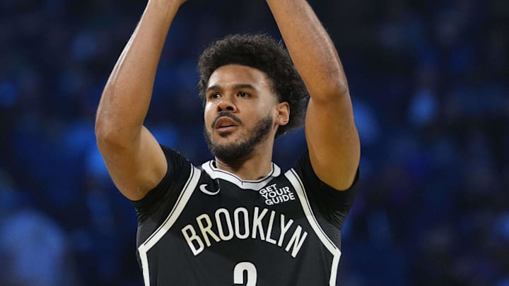 Feb 15, 2025; San Francisco, CA, USA; Brooklyn Nets forward Cam Johnson (2) competes in the three-point contest during All Star Saturday Night ahead of the 2025 NBA All Star Game at Chase Center. Mandatory Credit: Kyle Terada-Imagn Images
