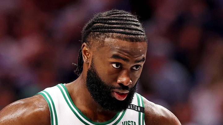 Boston Celtics guard Jaylen Brown (7) reacts during the fourth quarter of game three of the 2024 NBA Finals against the Dallas Mavericks at American Airlines Center on June 12, 2024.