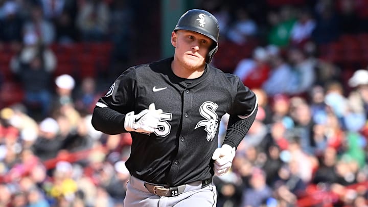 Chicago White Sox first baseman Andrew Vaughn (25) rounds the bases after hitting a two-run home run against the Boston Red Sox at Fenway Park. Chicago White Sox first baseman Andrew Vaughn (25) rounds the bases after hitting a two-run home run against the Boston Red Sox at Fenway Park.