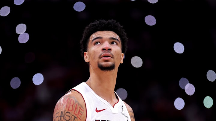 Dec 29, 2024; Houston, Texas, USA; Miami Heat center Kel'el Ware (7) against the Houston Rockets during the fourth quarter at Toyota Center. Mandatory Credit: Erik Williams-Imagn Images
