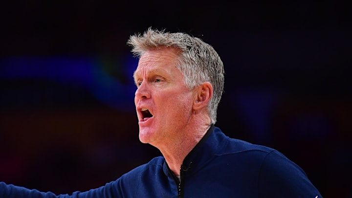 Feb 7, 2026; Los Angeles, California, USA; Golden State Warriors head coach Steve Kerr watches game action against the Los Angeles Lakers during the first half at Crypto.com Arena. Mandatory Credit: Gary A. Vasquez-Imagn Images
