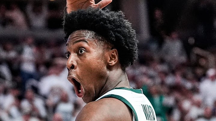 Michigan State forward Cam Ward (3) reacts to a shot clock violation by forward Jaxon Kohler (0) during the first half against Michigan at Breslin Center in East Lansing on Friday, Jan. 30, 2026.