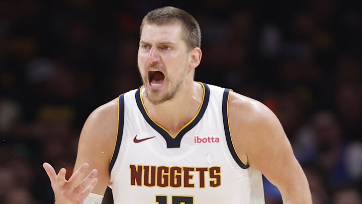 May 7, 2025; Oklahoma City, Oklahoma, USA; Denver Nuggets center Nikola Jokic (15) reacts after a play against the Oklahoma City Thunder in the second half during game two of the second round for the 2025 NBA Playoffs at Paycom Center. Mandatory Credit: Alonzo Adams-Imagn Images May 7, 2025; Oklahoma City, Oklahoma, USA; Denver Nuggets center Nikola Jokic (15) reacts after a play against the Oklahoma City Thunder in the second half during game two of the second round for the 2025 NBA Playoffs at Paycom Center. Mandatory Credit: Alonzo Adams-Imagn Images