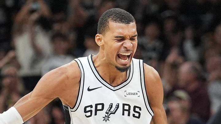 May 24, 2026; San Antonio, Texas, USA; San Antonio Spurs center Victor Wembanyama (1) reacts in the first quarter against the Oklahoma City Thunder during game four of the western conference finals for the 2026 NBA playoffs at Frost Bank Center. Mandatory Credit: Daniel Dunn-Imagn Images