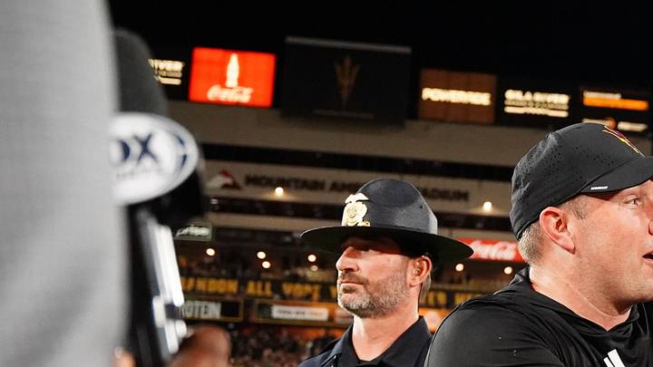 Sep 26, 2025; Tempe, Arizona, USA; Arizona State Sun Devils quarterback Sam Leavitt (10) celebrates with head coach Kenny Dillingham after win against TCU Horned Frogs at Mountain America Stadium, Home of the ASU Sun Devils. Mandatory Credit: Jacob Reiner-Imagn Images