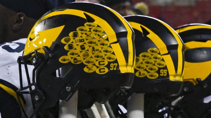 Nov 20, 2021; College Park, Maryland, USA; A detailed view of Michigan Wolverines defensive end Aidan Hutchinson (97) helmet during the second half against the Maryland Terrapins at Capital One Field at Maryland Stadium. Mandatory Credit: Tommy Gilligan-USA TODAY Sports