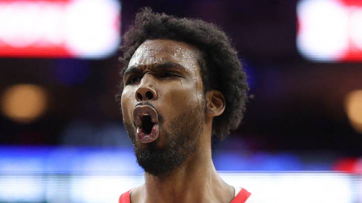 Jan 22, 2026; Philadelphia, Pennsylvania, USA; Houston Rockets forward Tari Eason (17) reacts after a score against the Philadelphia 76ers during the fourth quarter at Xfinity Mobile Arena. Mandatory Credit: Bill Streicher-Imagn Images